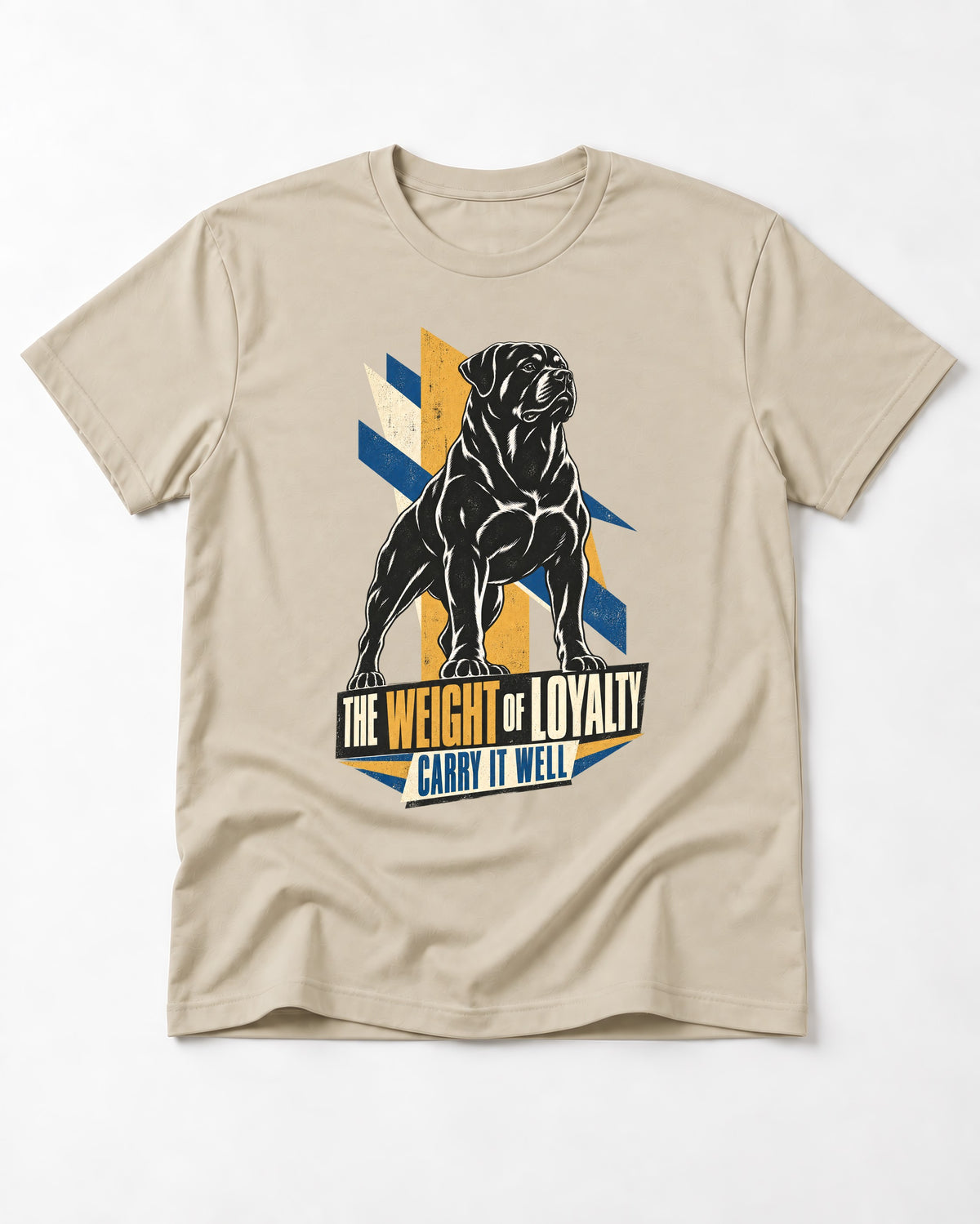 Rottweiler Weight of Loyalty T-Shirt in Sand, flat lay product photo