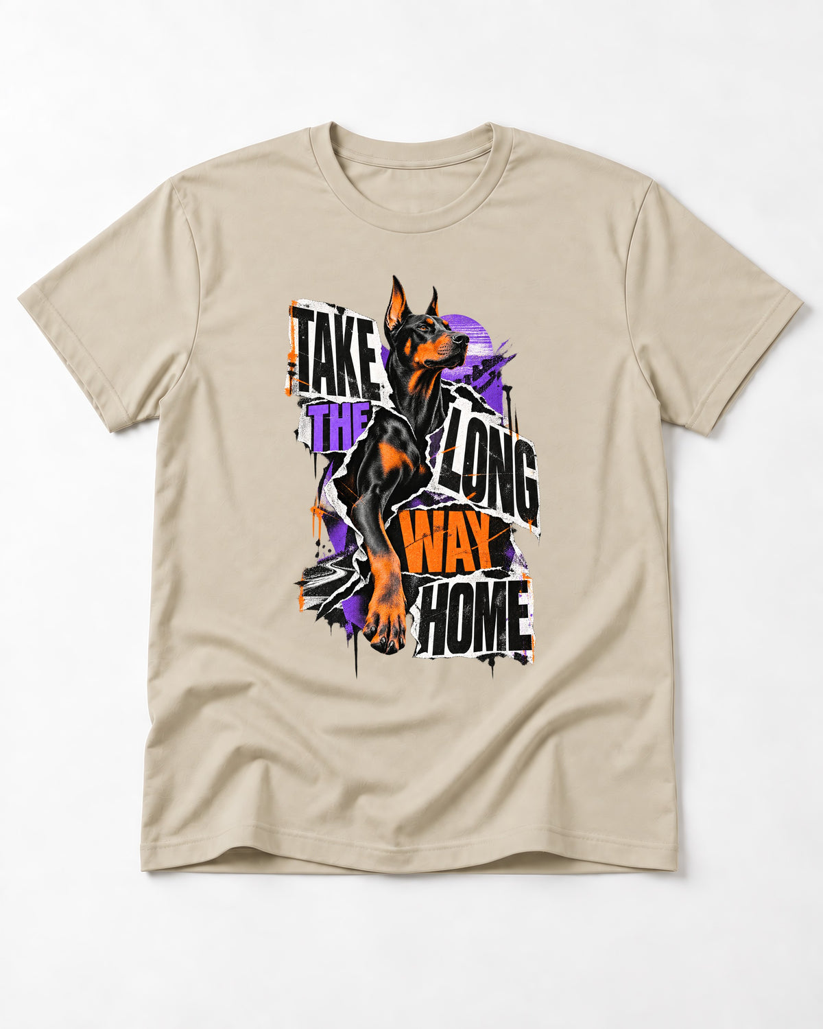 Doberman Long Way Home T-Shirt in Sand, flat lay product photo