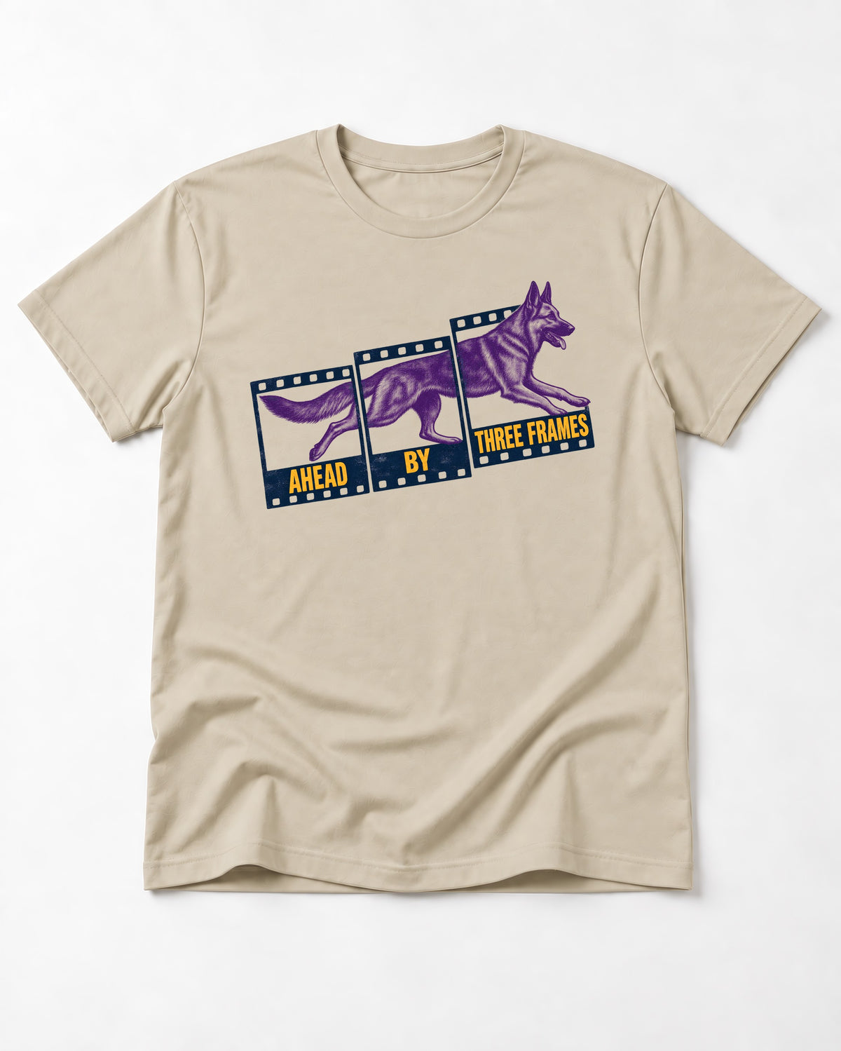 German Shepherd Dog Ahead by Three Frames T-Shirt in Sand, flat lay product photo