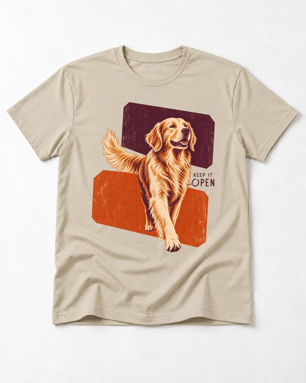 Golden Retriever Keep It Open T-Shirt in Sand, flat lay product photo