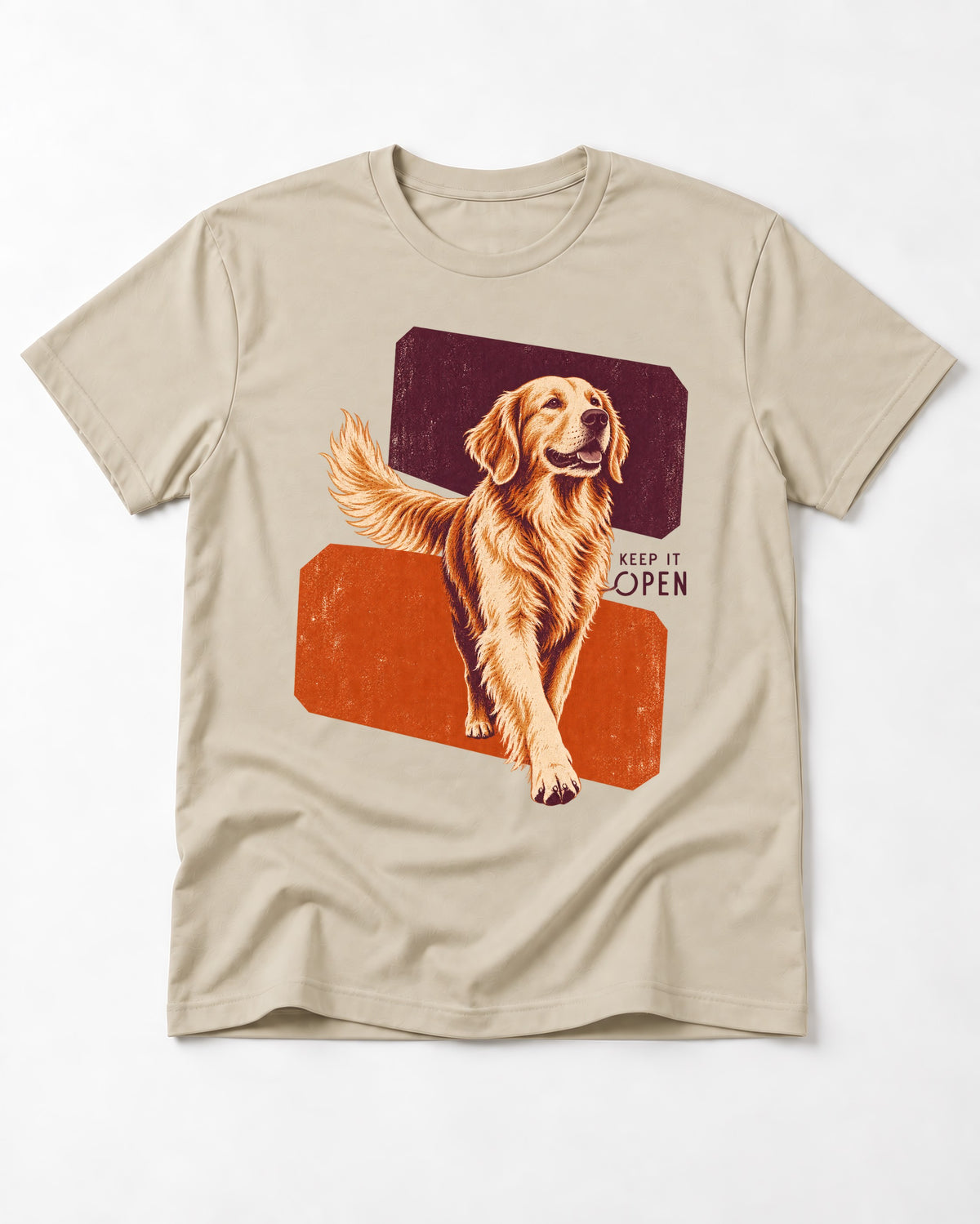 Golden Retriever Keep It Open T-Shirt in Sand, flat lay product photo