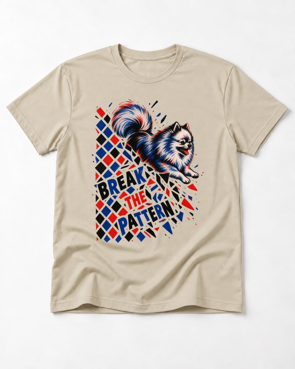 Pomeranian Break the Pattern T-Shirt in Sand, flat lay product photo