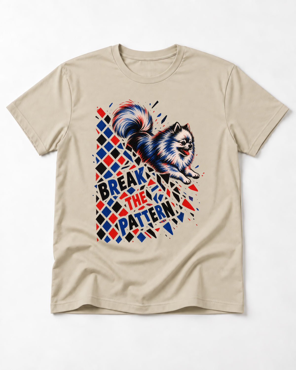 Pomeranian Break the Pattern T-Shirt in Sand, flat lay product photo