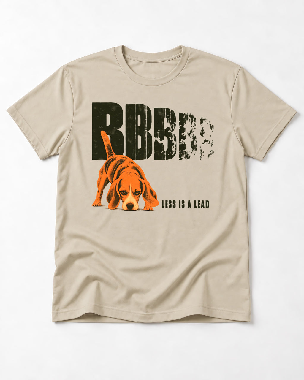 Less Is a Lead Beagle T-Shirt in Sand, flat lay product photo