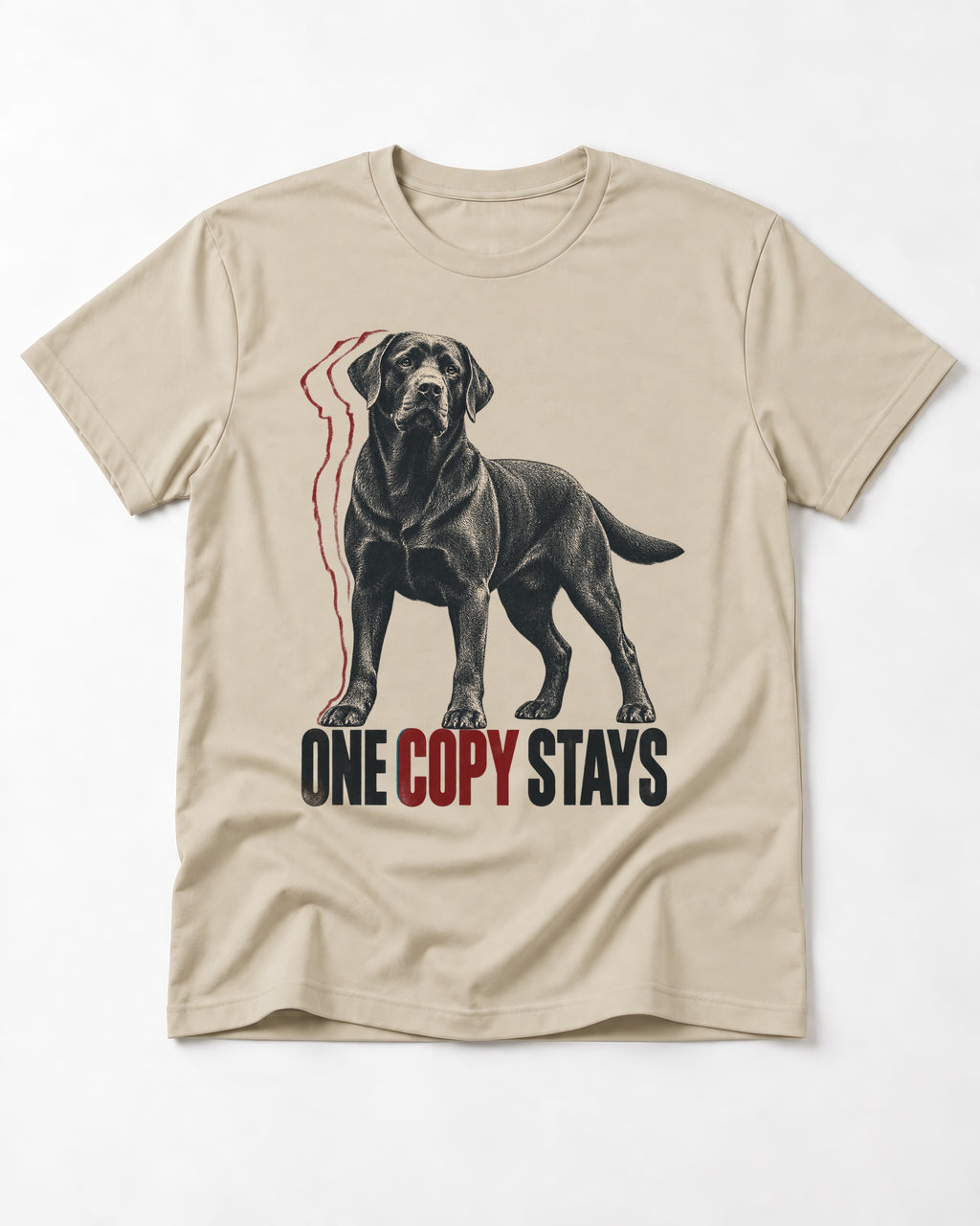One Copy Stays Labrador Retriever T-Shirt in Sand, flat lay product photo