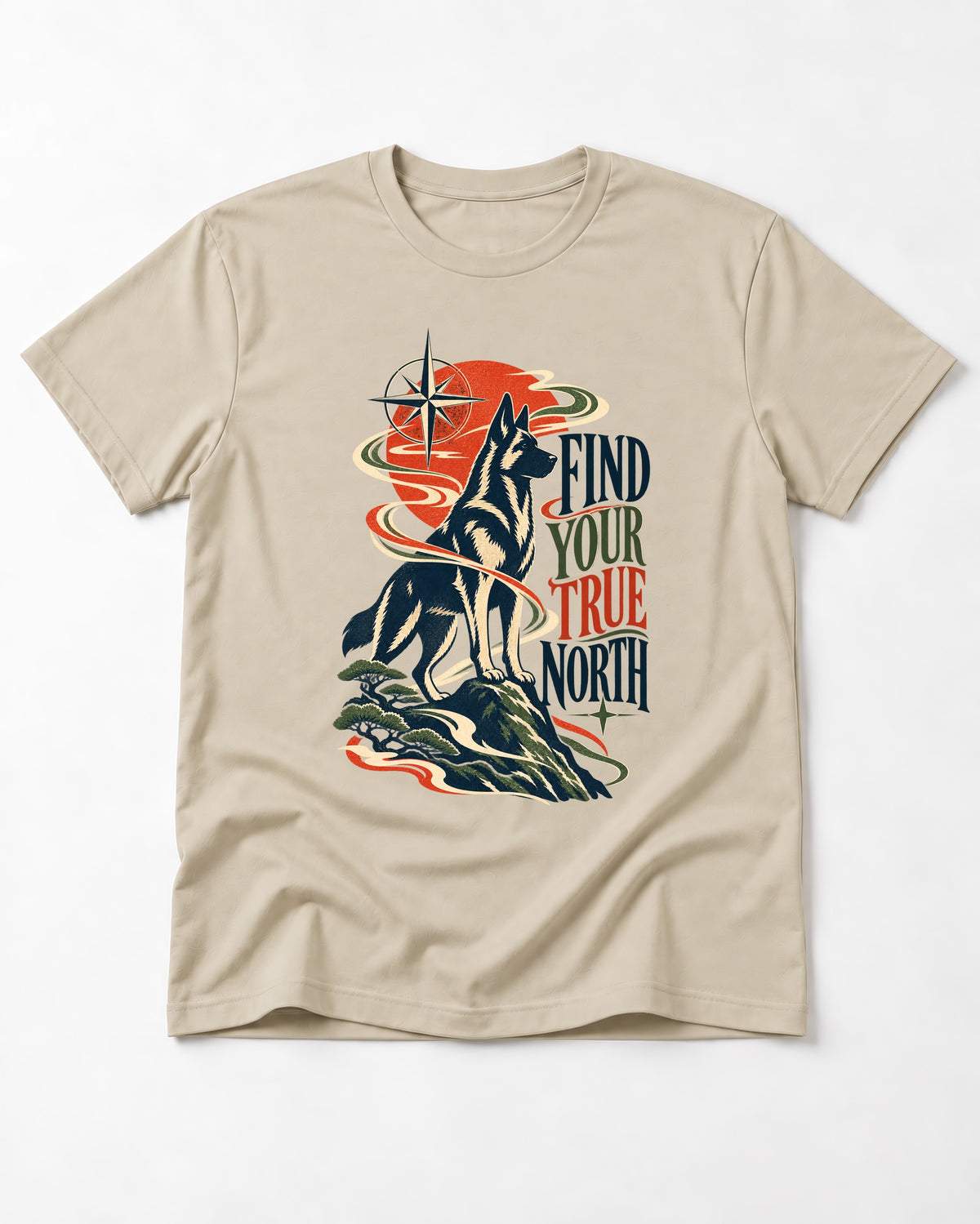 Find Your True North German Shepherd Dog T-Shirt in Sand, flat lay product photo