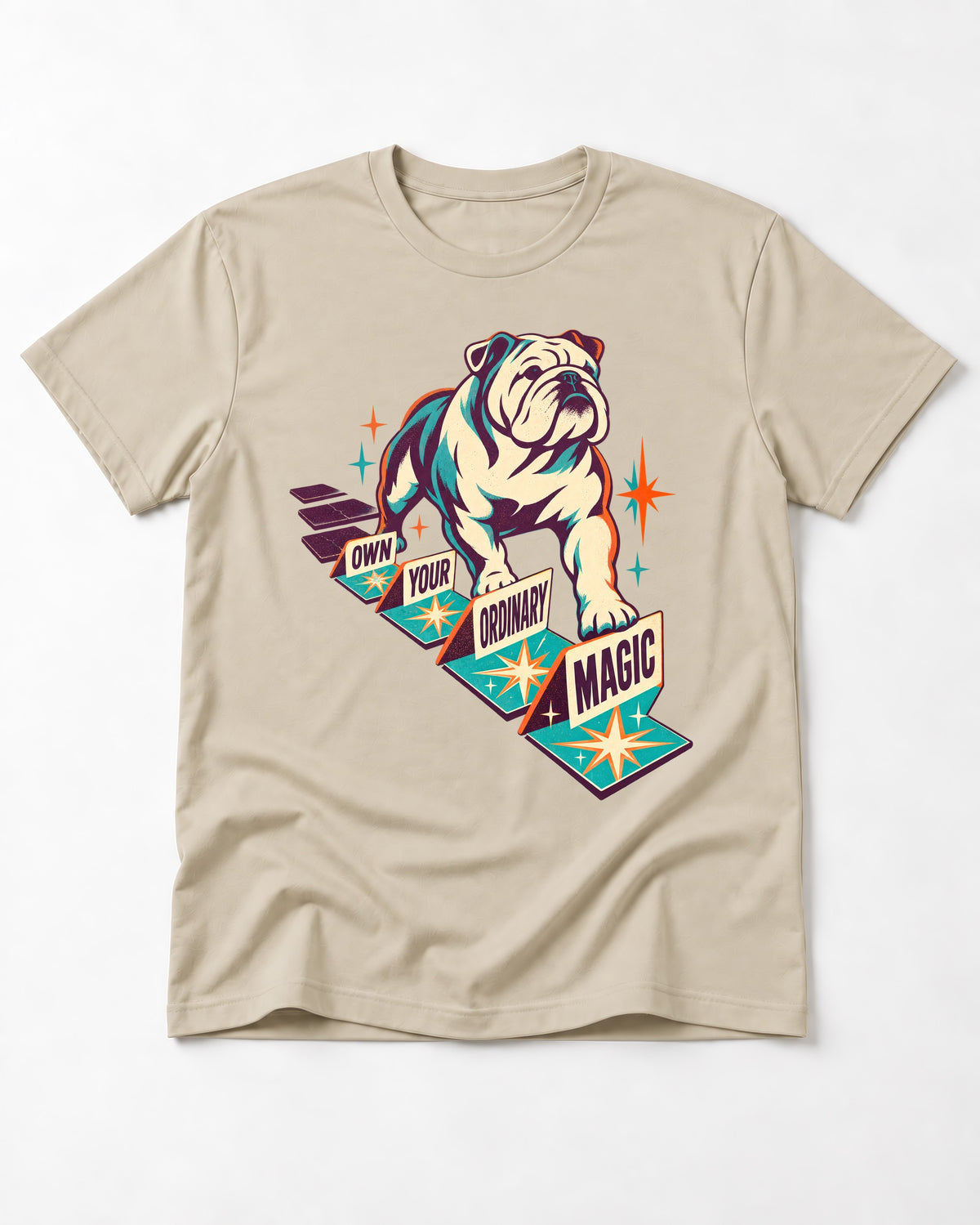 English Bulldog's Ordinary Magic T-Shirt in Sand, flat lay product photo