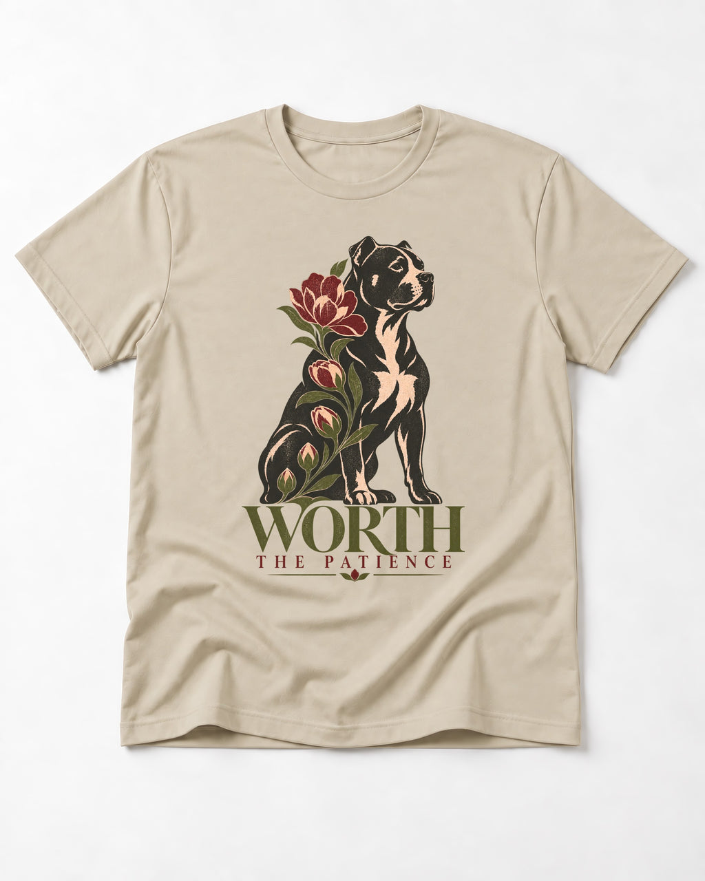 Pitbull Worth the Patience T-Shirt in Sand, flat lay product photo