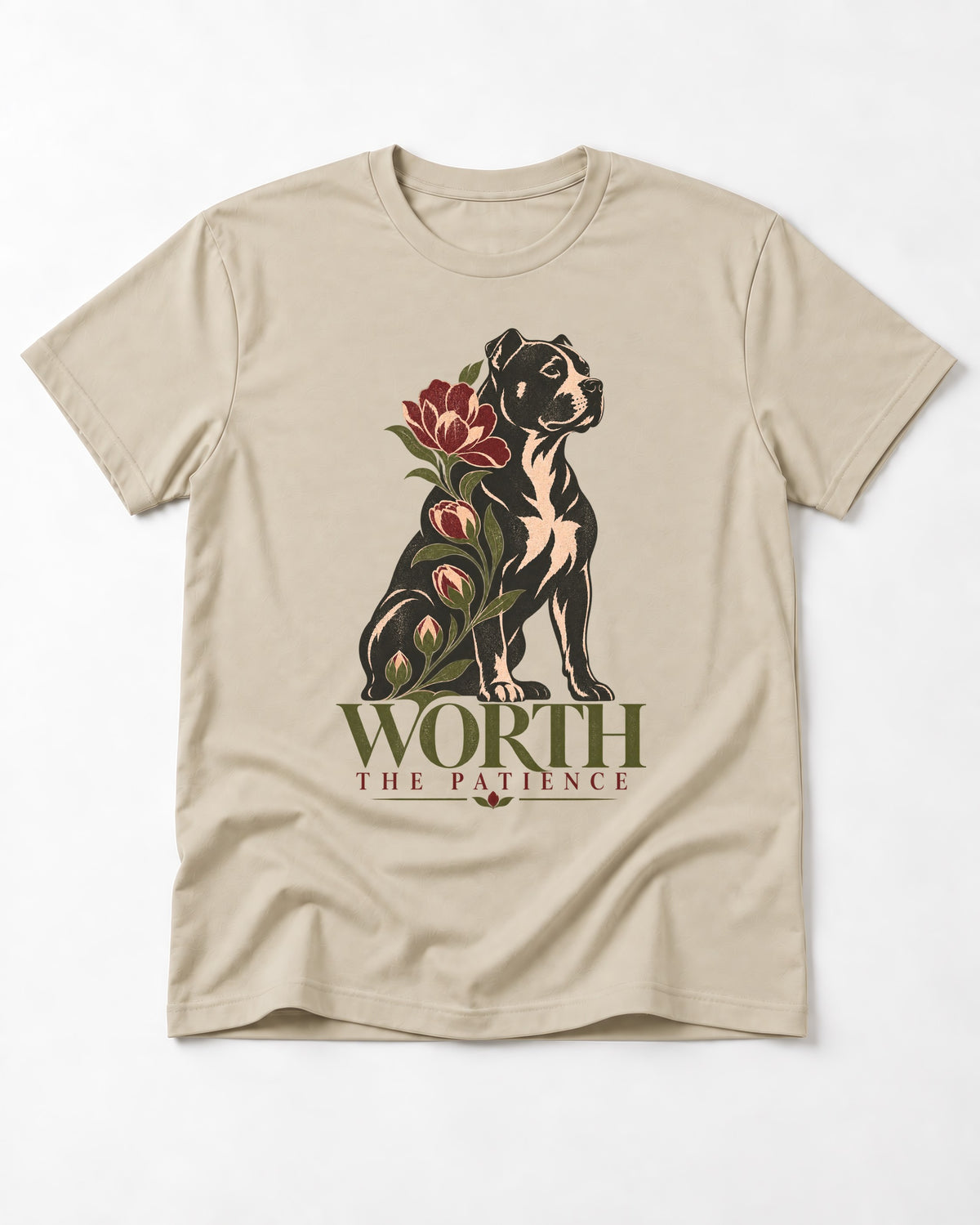 Pitbull Worth the Patience T-Shirt in Sand, flat lay product photo