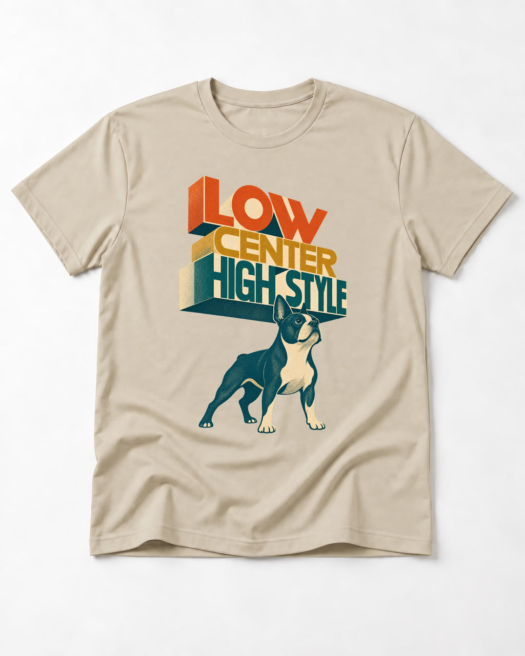 Low Center Boston Terrier T-Shirt in Sand, flat lay product photo