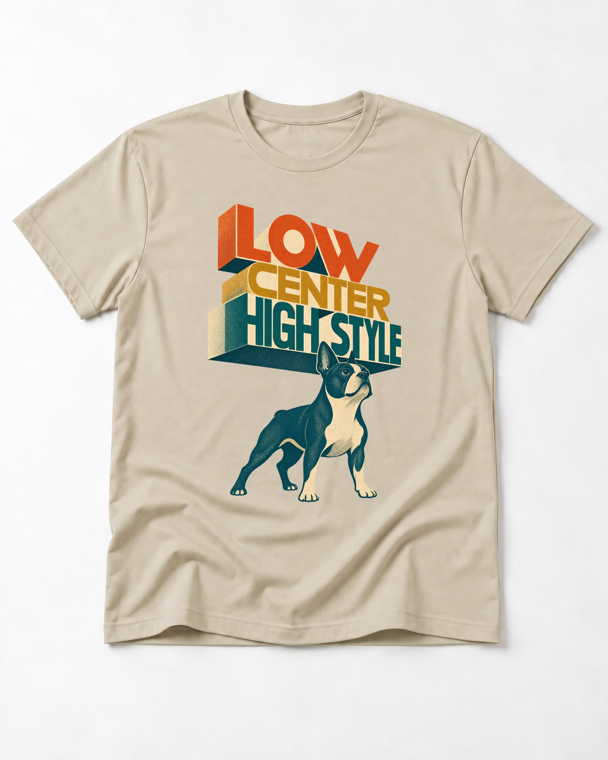 Low Center Boston Terrier T-Shirt in Sand, flat lay product photo
