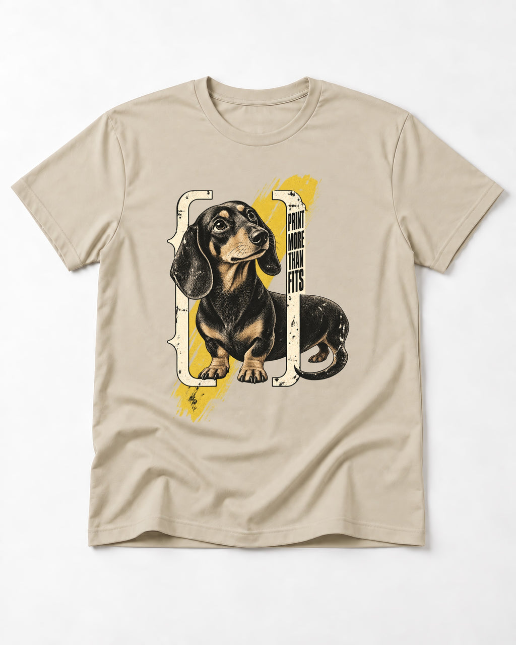 Dachshund More Than Fits T-Shirt in Sand, flat lay product photo