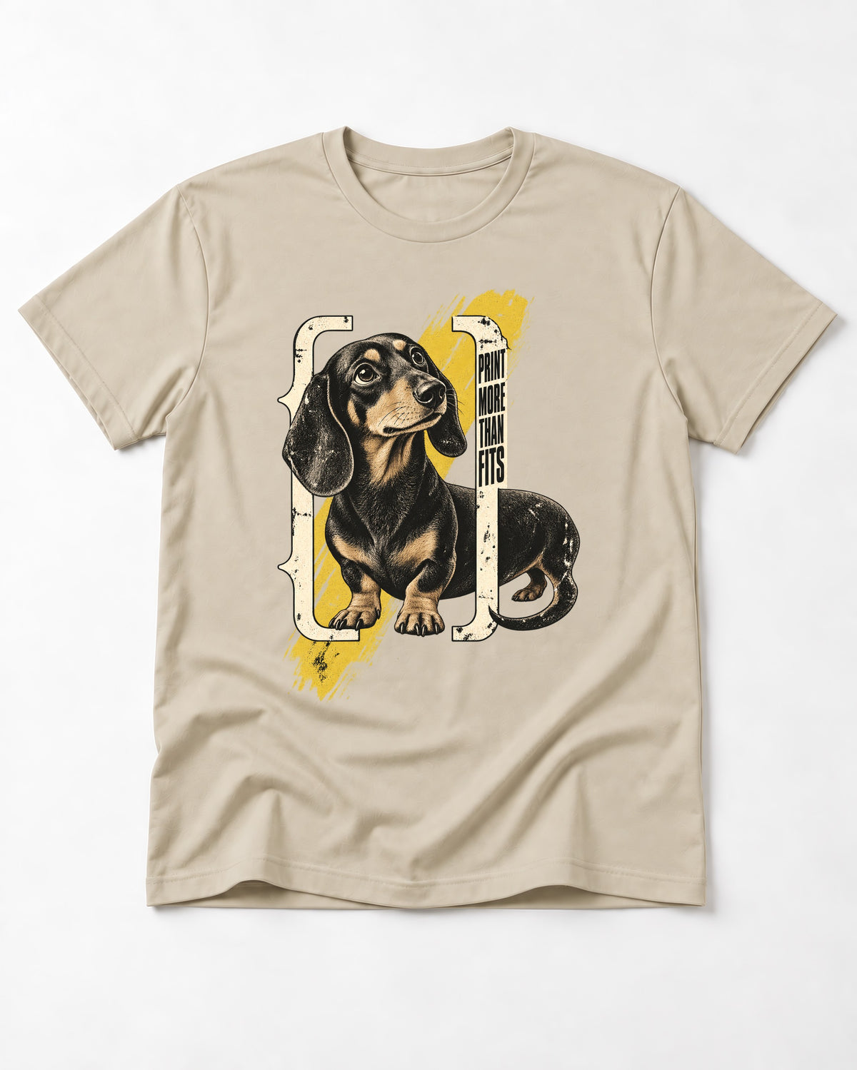 Dachshund More Than Fits T-Shirt in Sand, flat lay product photo