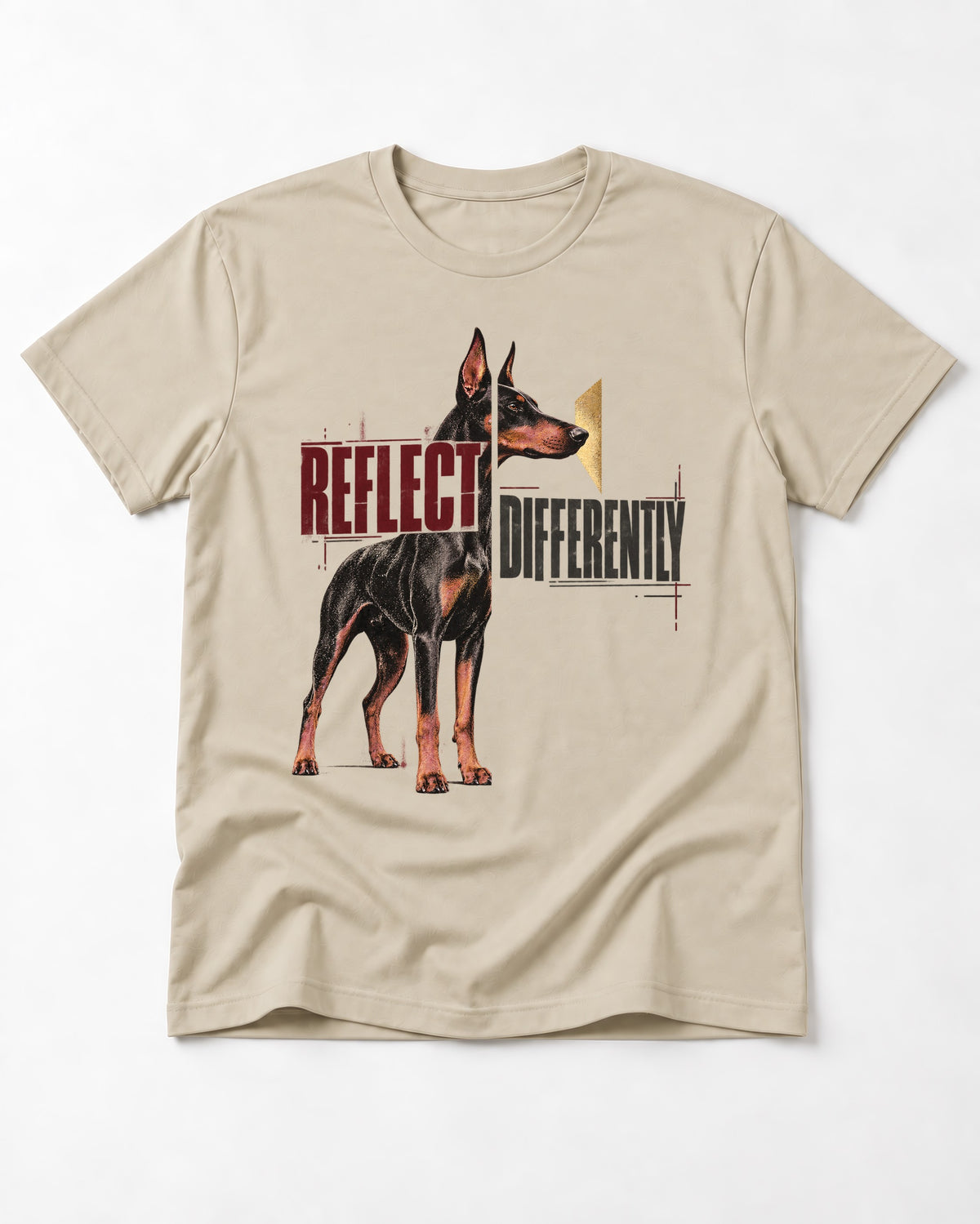 Doberman Reflects Differently T-Shirt in Sand, flat lay product photo