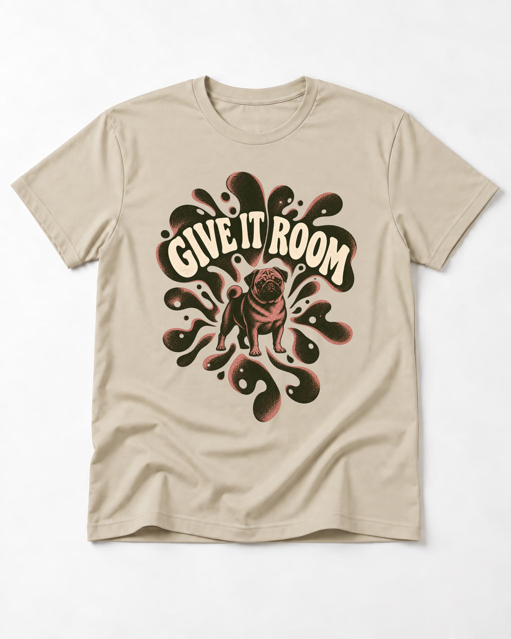 Give Pug Room T-Shirt in Sand, flat lay product photo