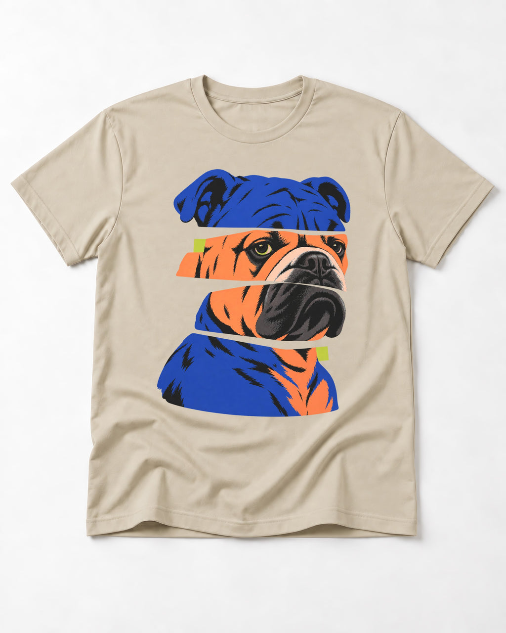 English Bulldog Unbreakable T-Shirt in Sand, flat lay product photo