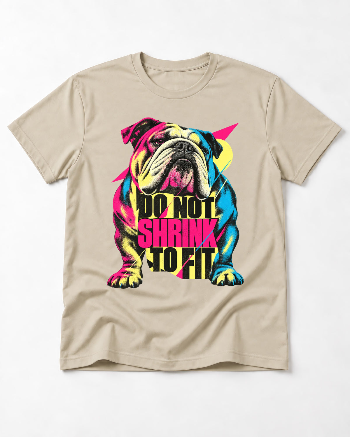 English Bulldog Don't Shrink to Fit T-Shirt in Sand, flat lay product photo