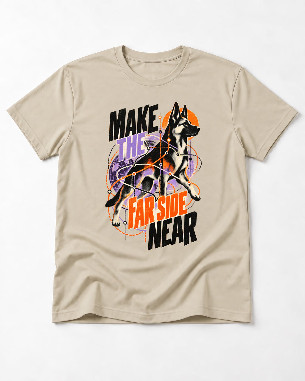 German Shepherd Dog Far Side Near T-Shirt in Sand, flat lay product photo