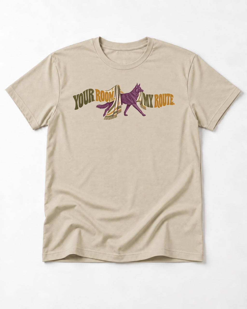 Your Room My Route German Shepherd Dog T-Shirt in Sand, flat lay product photo