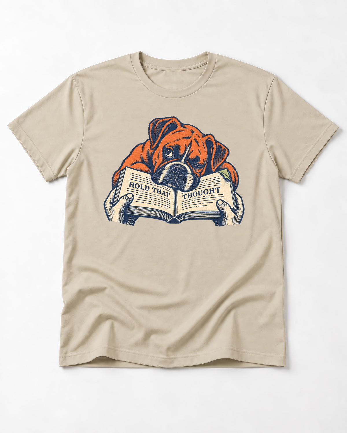 Boxer Hold That Thought T-Shirt in Sand, flat lay product photo