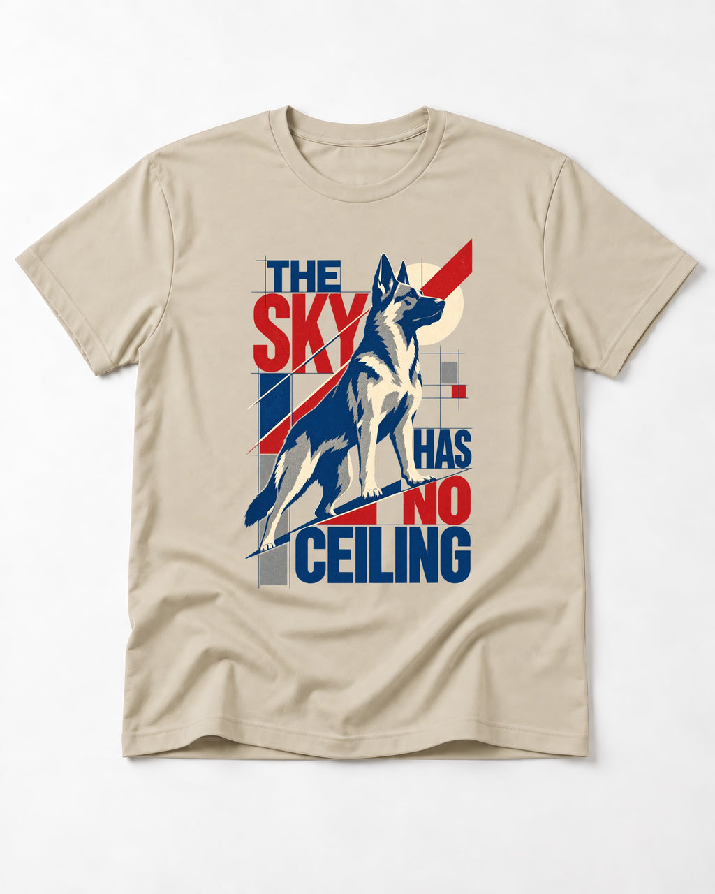 Sky Has No Ceiling German Shepherd Dog T-Shirt in Sand, flat lay product photo