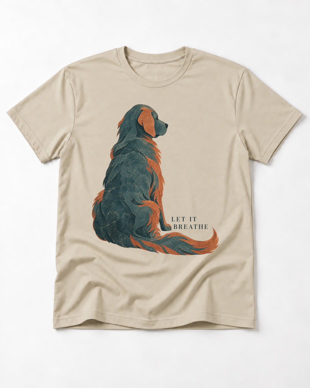 Let It Breathe Golden Retriever T-Shirt in Sand, flat lay product photo
