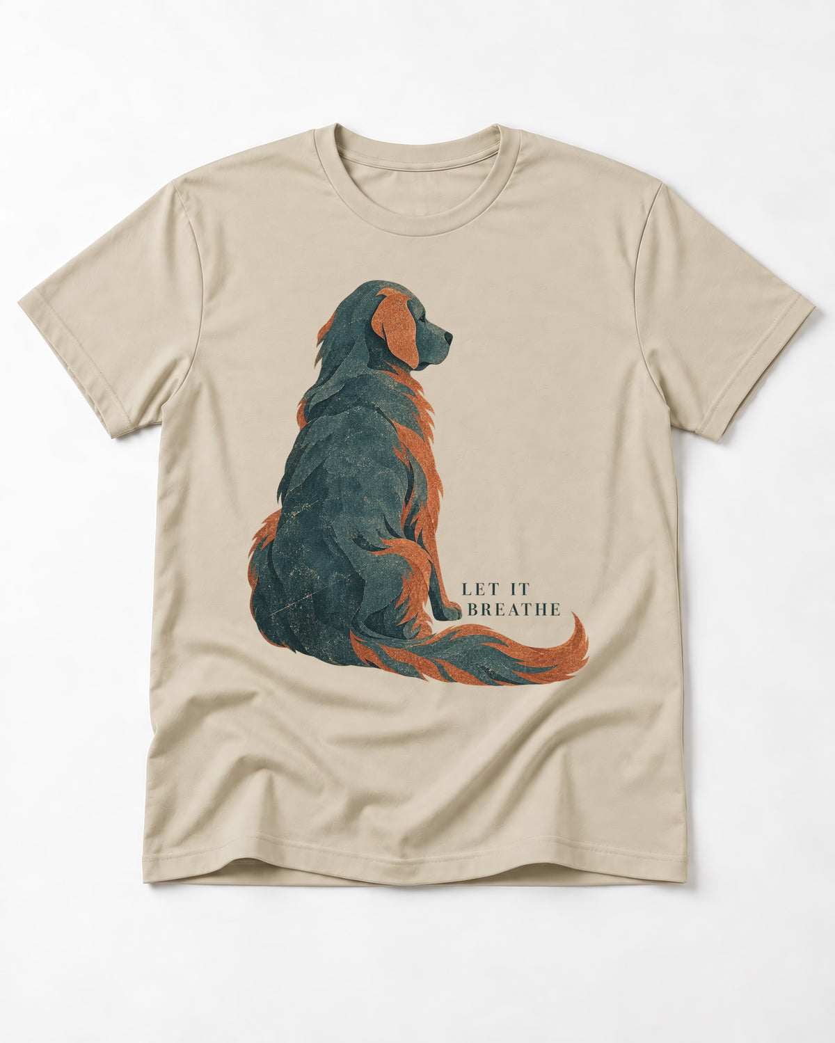 Let It Breathe Golden Retriever T-Shirt in Sand, flat lay product photo