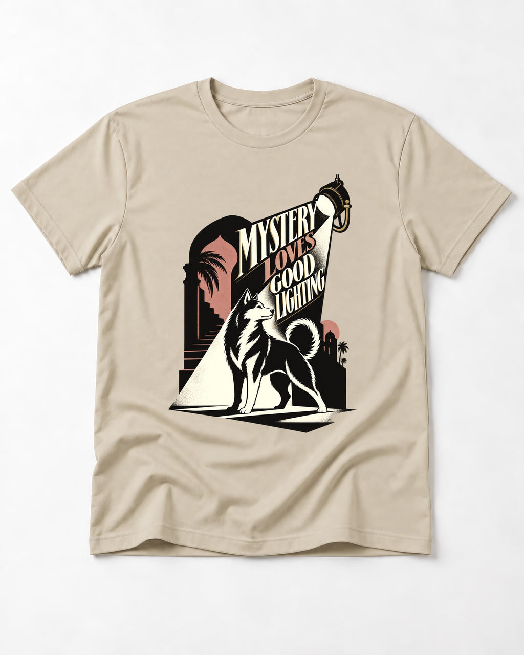 Husky Loves Good Lighting T-Shirt in Sand, flat lay product photo