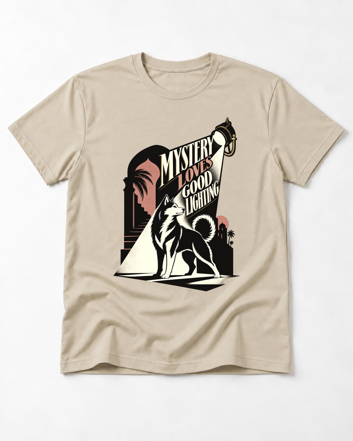Husky Loves Good Lighting T-Shirt in Sand, flat lay product photo