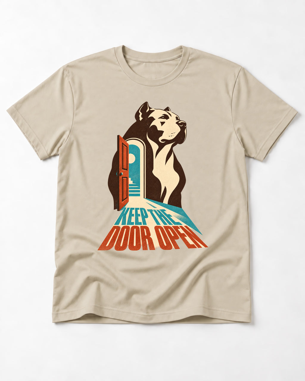 Keep the Door Open Pitbull T-Shirt in Sand, flat lay product photo