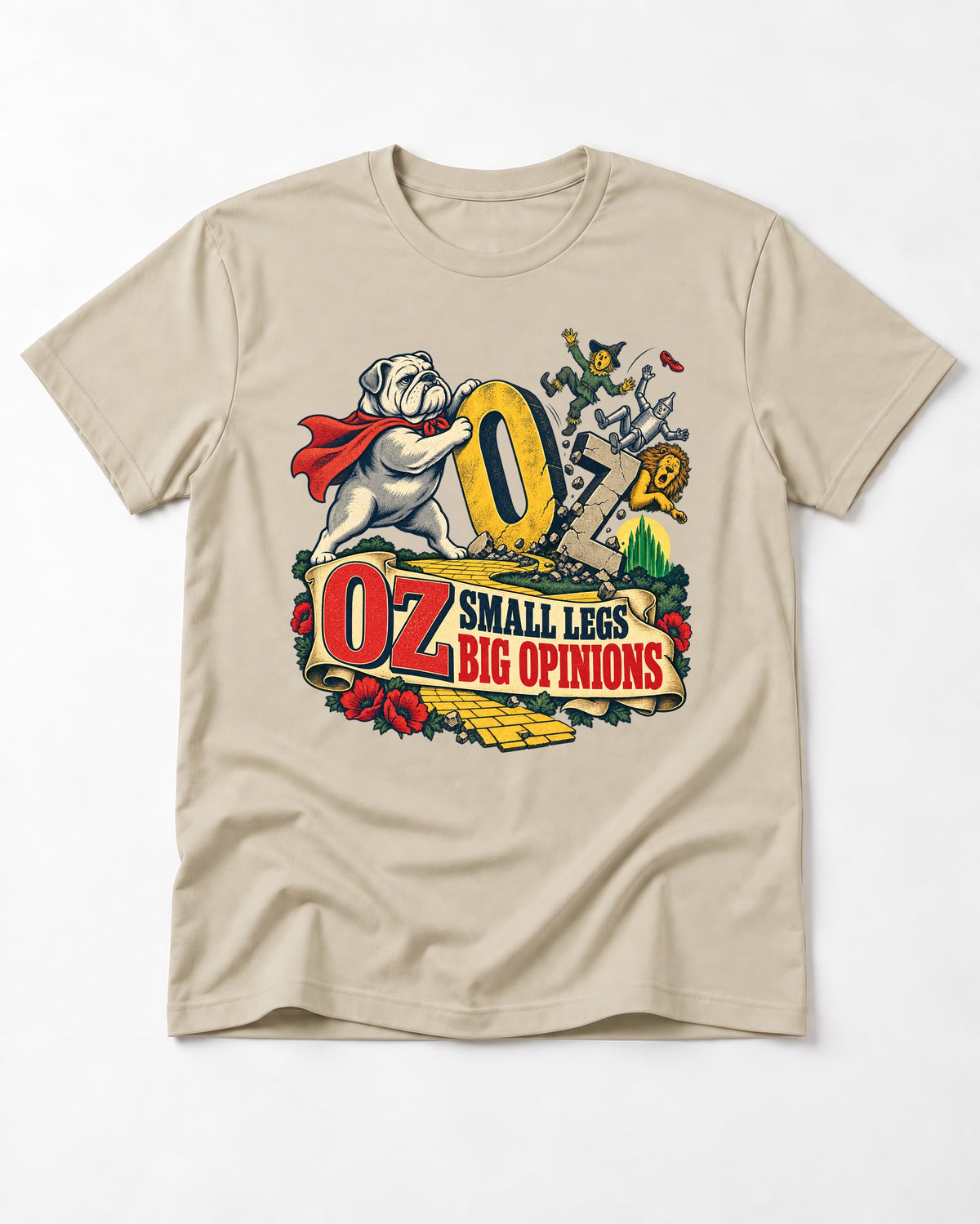 English Bulldog Small Legs Big Opinions T-Shirt in Sand, flat lay product photo