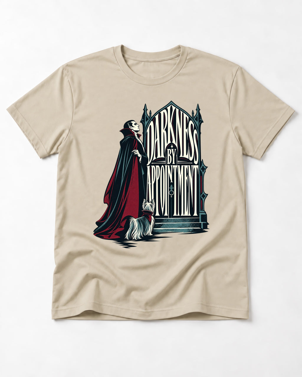 Darkness by Appointment with Yorkshire Terrier T-Shirt in Sand, flat lay product photo