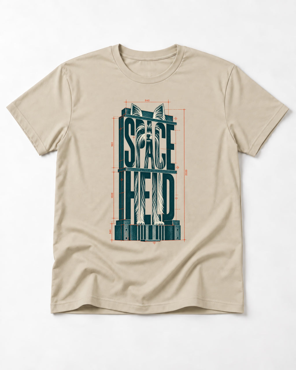 Yorkshire Terrier Space Head T-Shirt in Sand, flat lay product photo