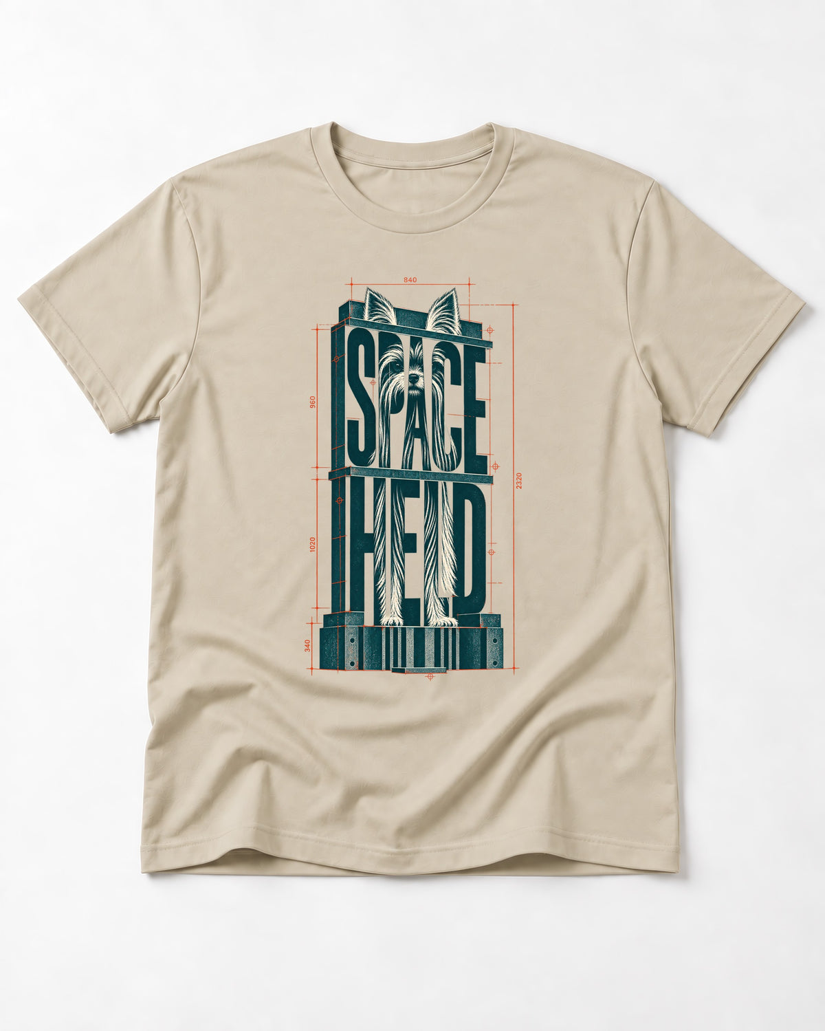 Yorkshire Terrier Space Head T-Shirt in Sand, flat lay product photo