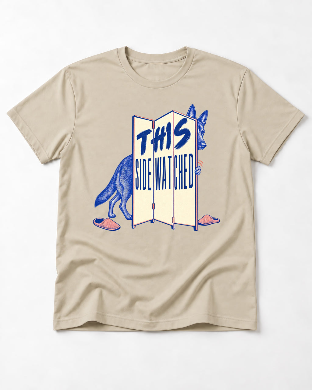 This Side Watched by German Shepherd Dog T-Shirt in Sand, flat lay product photo