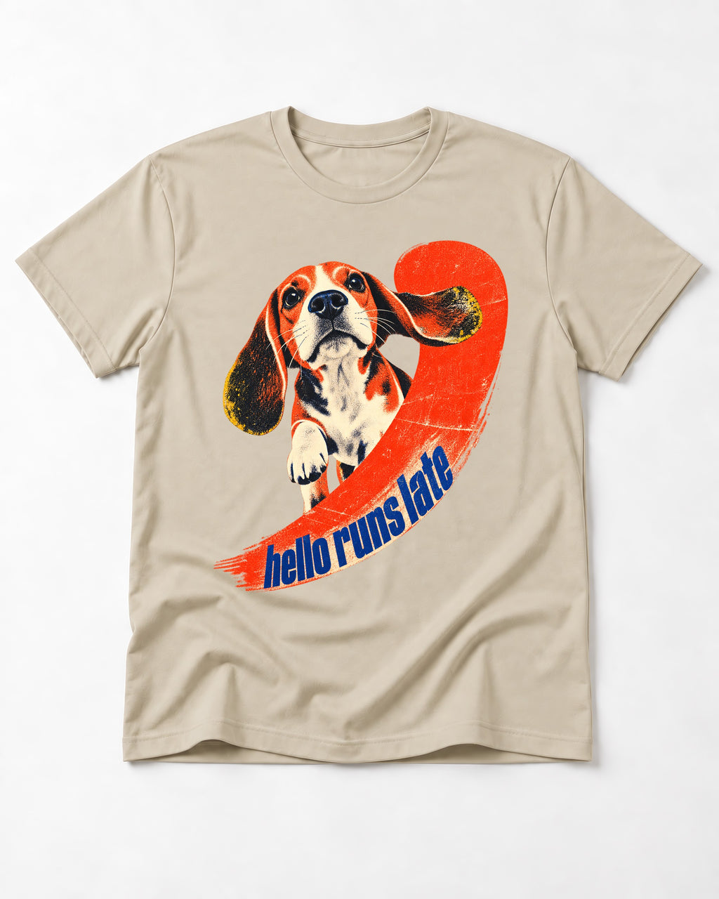 Beagle Hello Runs Late T-Shirt in Sand, flat lay product photo