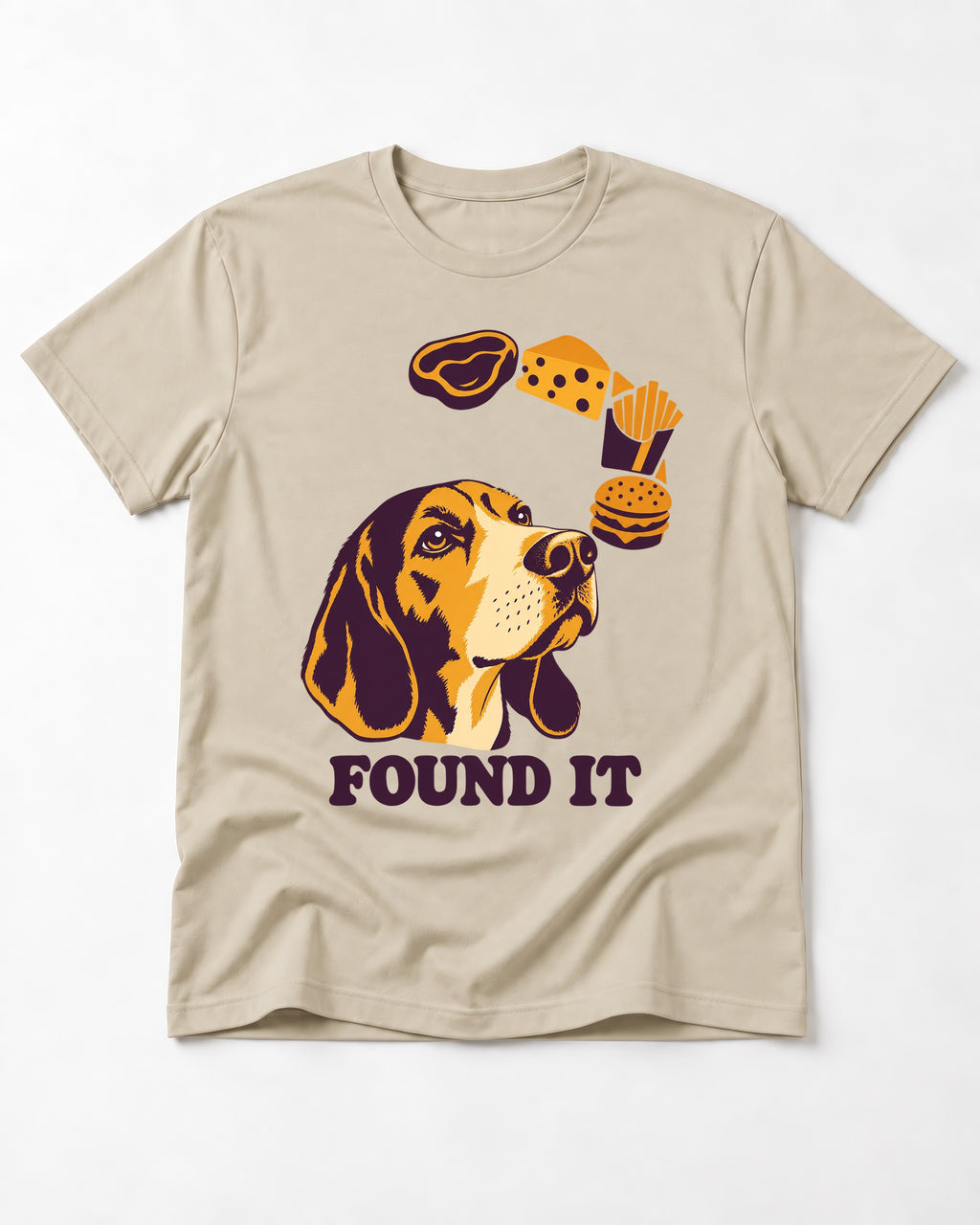 Beagle Found It T-Shirt in Sand, flat lay product photo