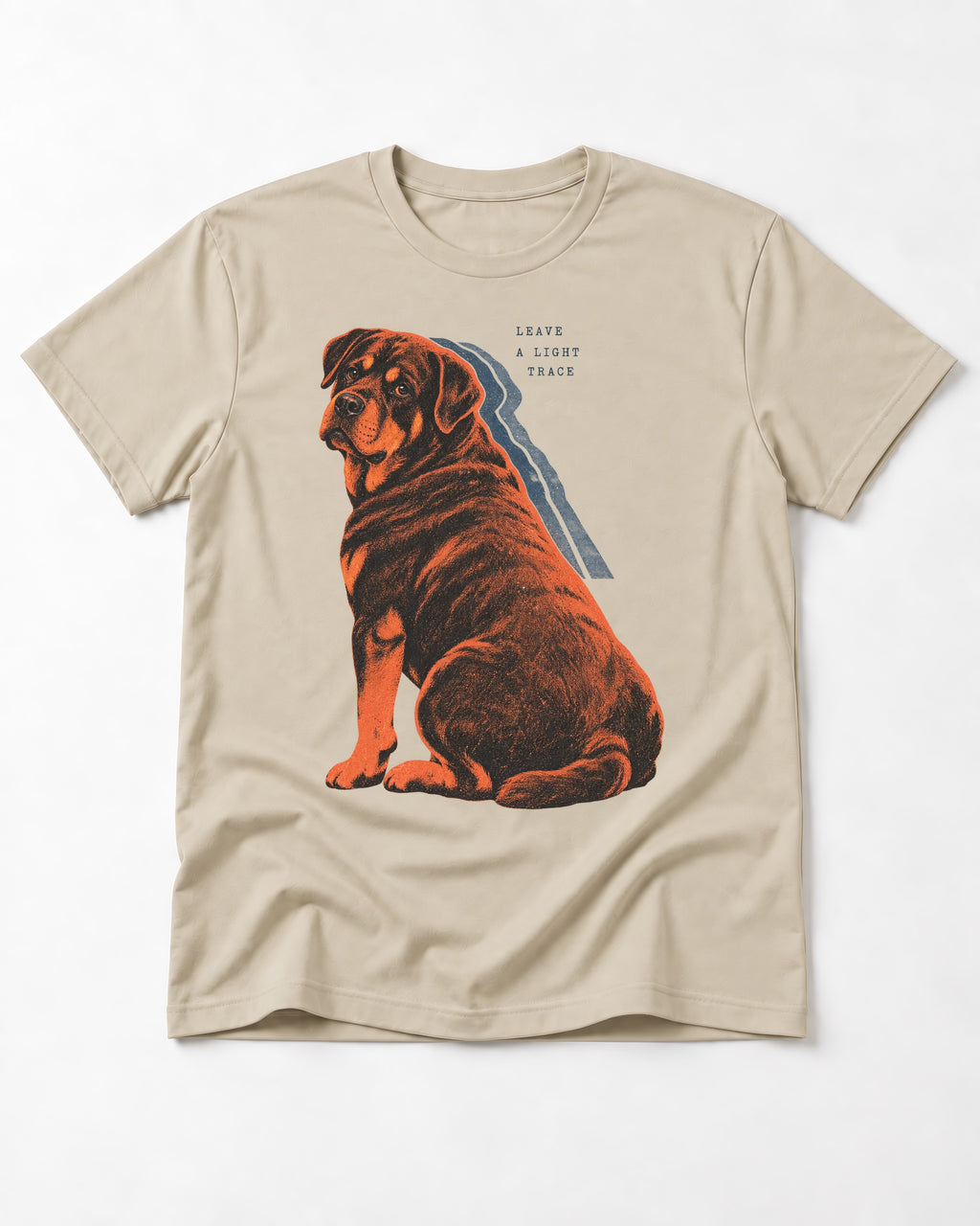 Rottweiler Leave a Light Trace T-Shirt in Sand, flat lay product photo