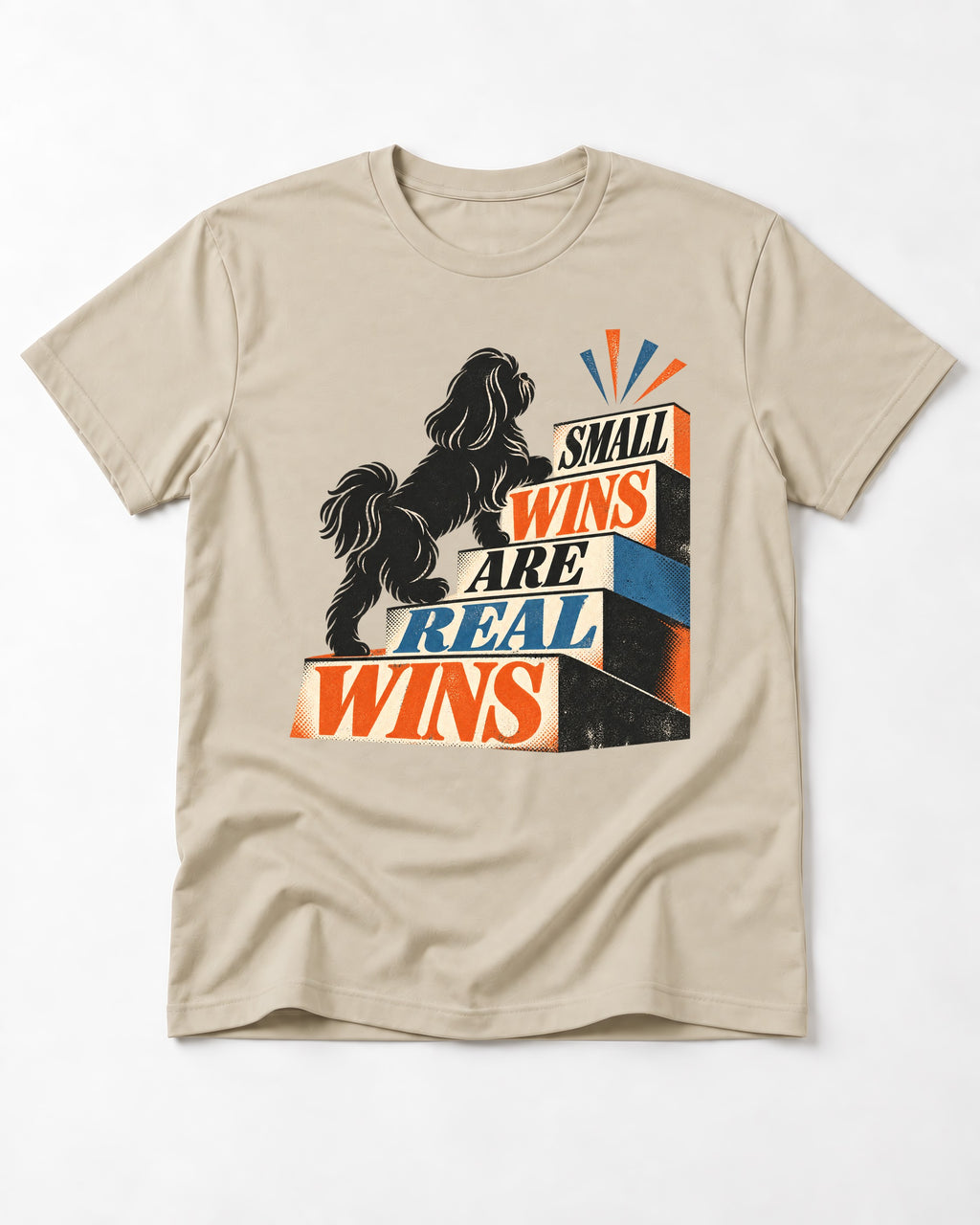 Small Wins Shih Tzu T-Shirt in Sand, flat lay product photo