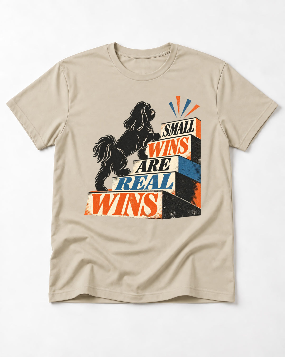 Small Wins Shih Tzu T-Shirt in Sand, flat lay product photo