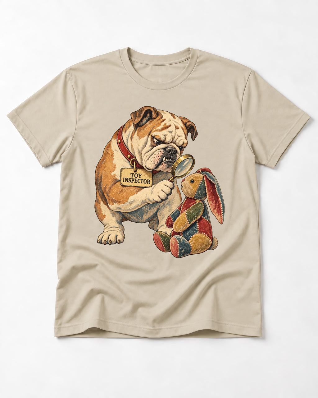 English Bulldog Toy Inspector T-Shirt in Sand, flat lay product photo