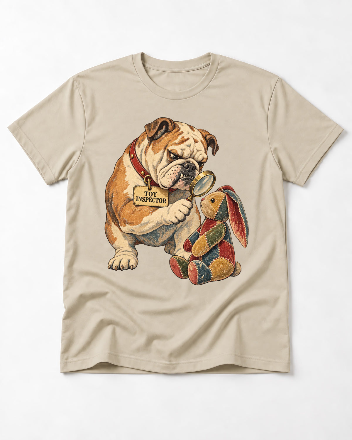 English Bulldog Toy Inspector T-Shirt in Sand, flat lay product photo