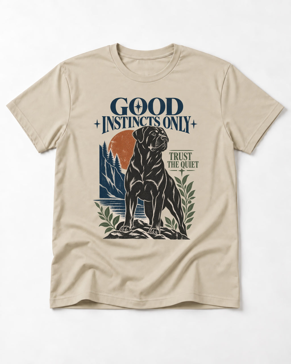 Good Instincts Only Rottweiler T-Shirt in Sand, flat lay product photo