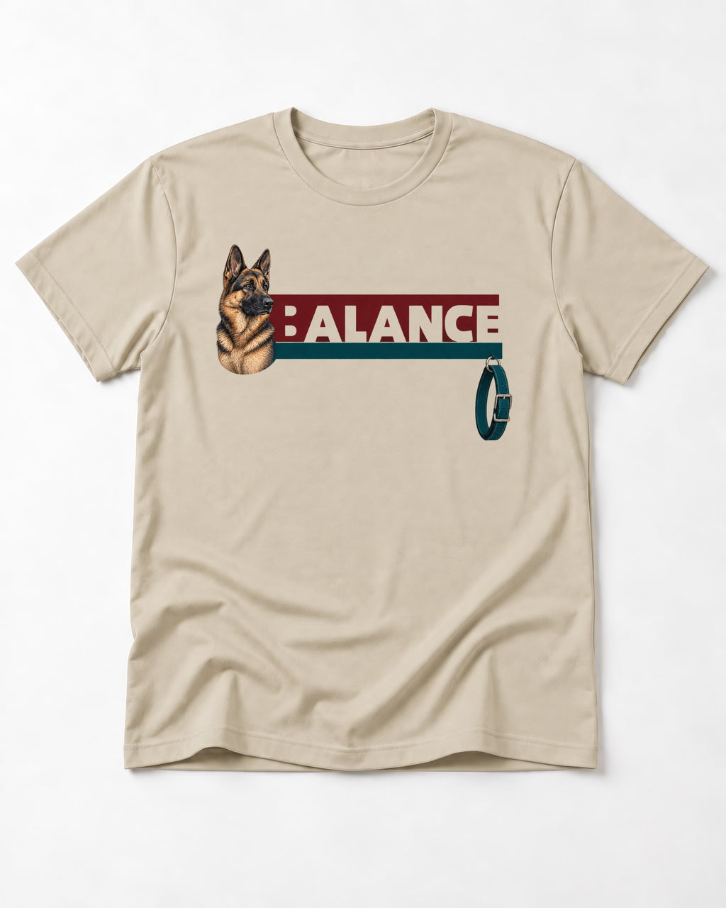German Shepherd Dog Balance T-Shirt in Sand, flat lay product photo