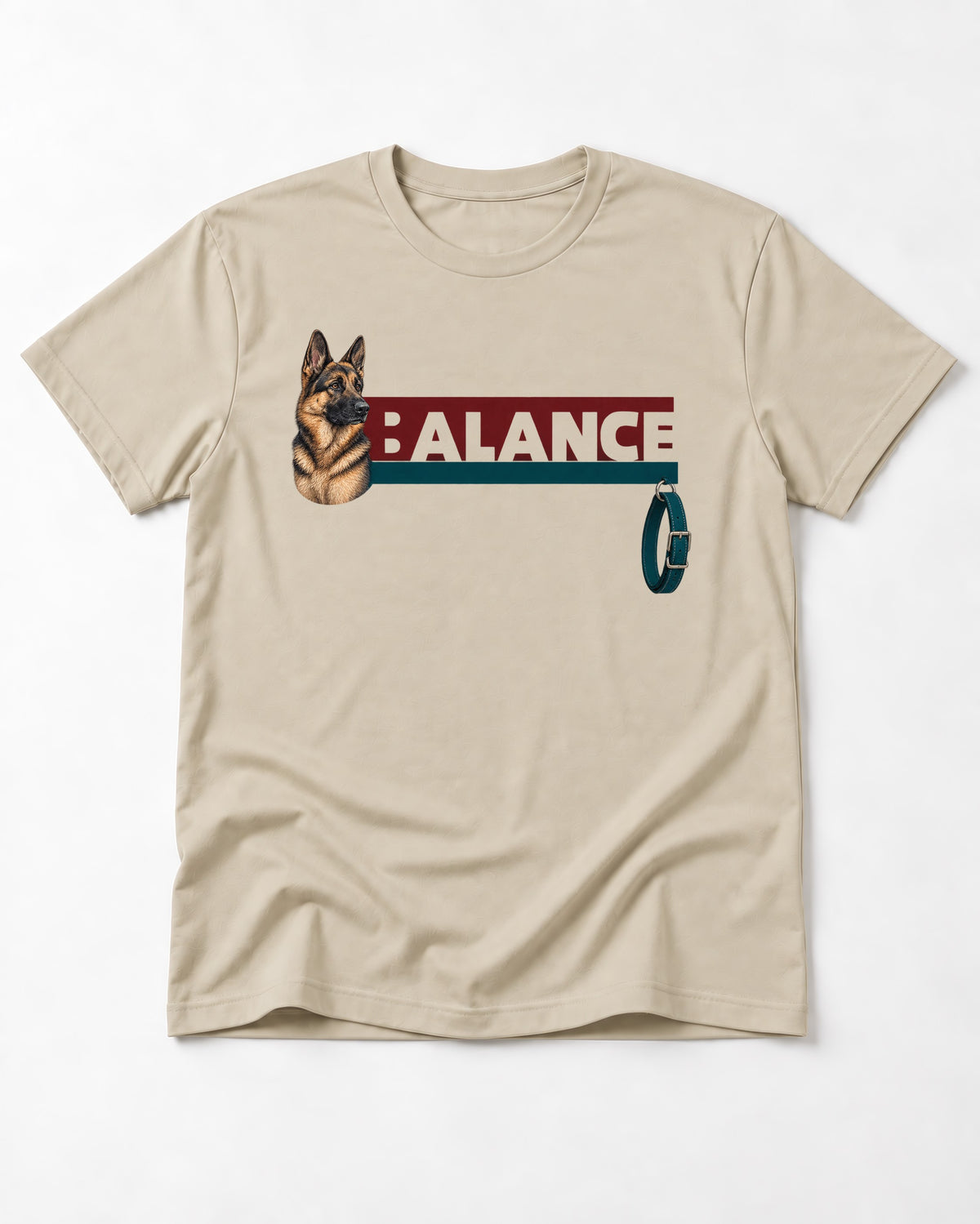 German Shepherd Dog Balance T-Shirt in Sand, flat lay product photo