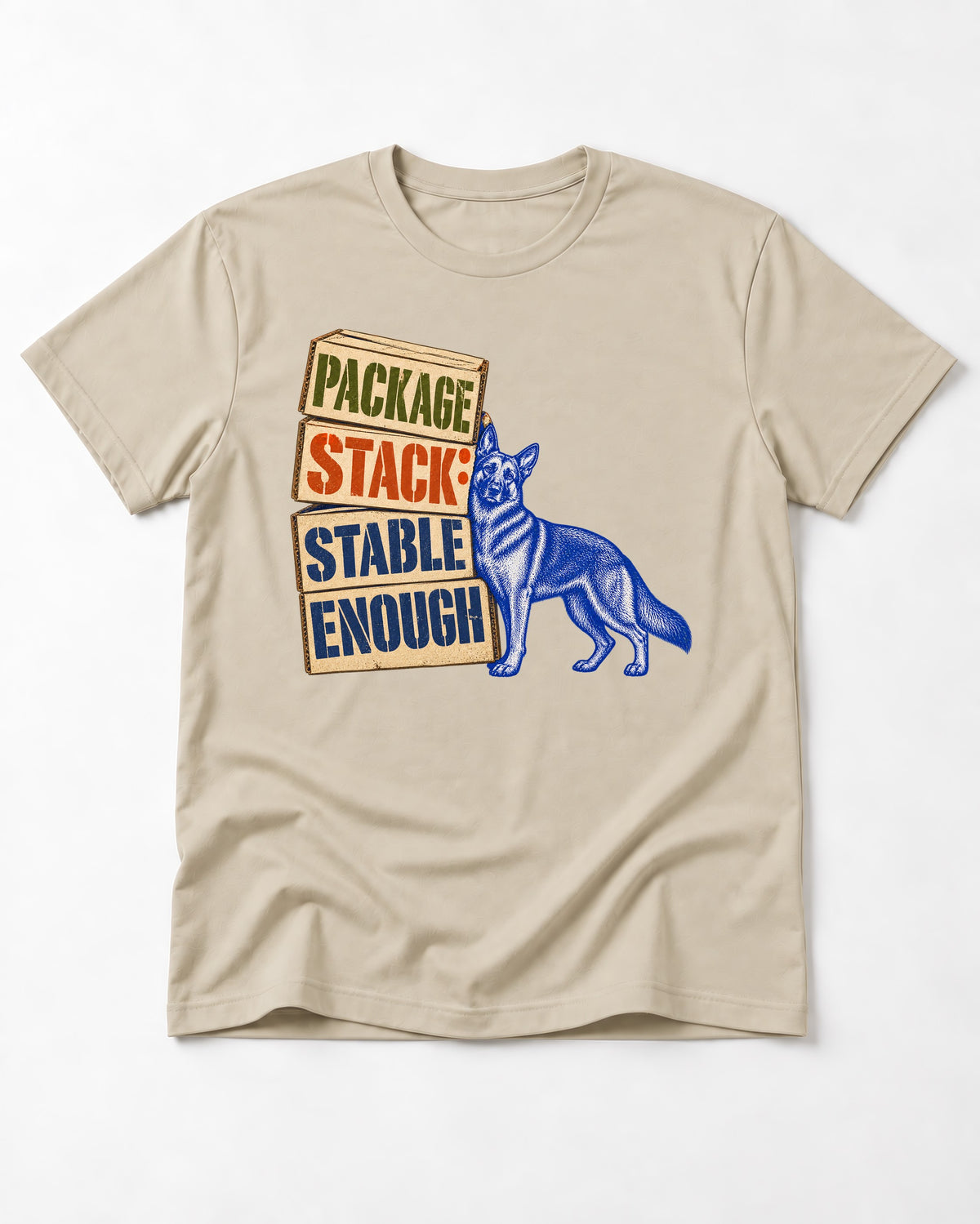 Package Stack Stable Enough German Shepherd Dog T-Shirt in Sand, flat lay product photo