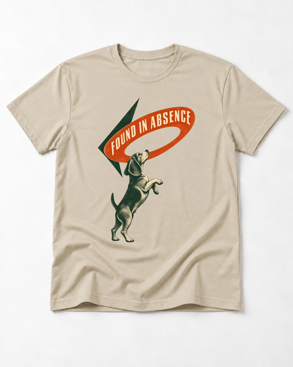 Beagle Found in Absence T-Shirt in Sand, flat lay product photo