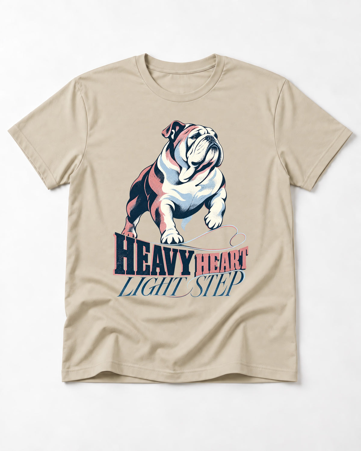 Heavy Heart Light Step English Bulldog T-Shirt in Sand, flat lay product photo