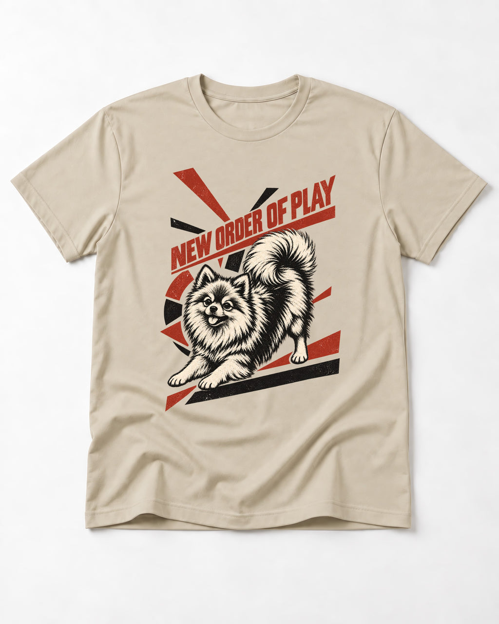 Pomeranian Order of Play T-Shirt in Sand, flat lay product photo