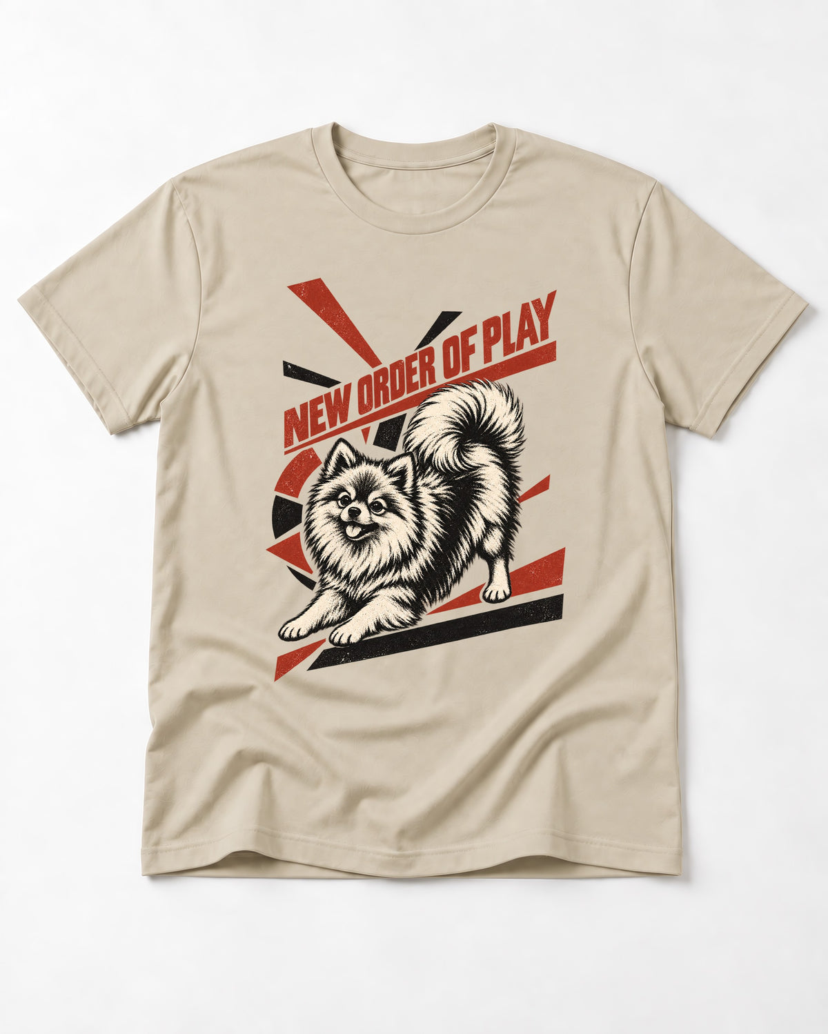 Pomeranian Order of Play T-Shirt in Sand, flat lay product photo